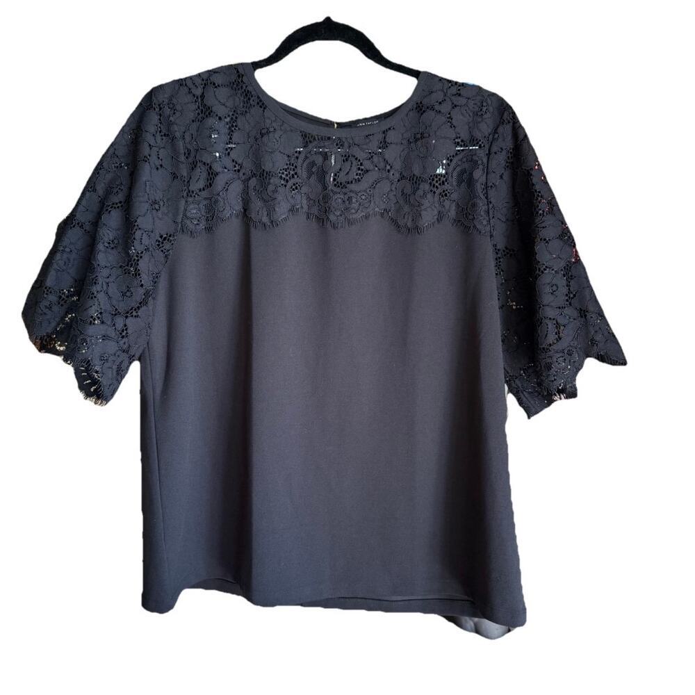 Ann Taylor Black Floral Lace Sheer Pullover Tunic Top Sz L Romantic Career Chic